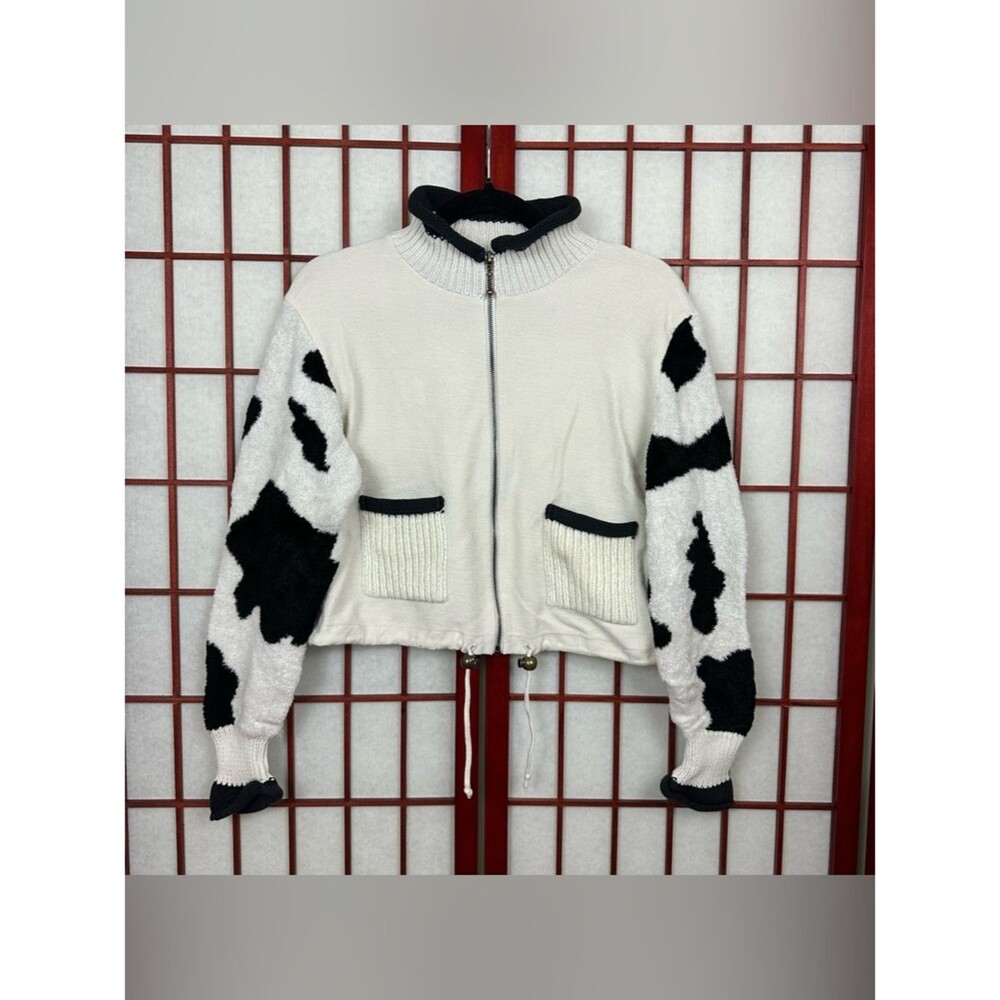 Vintage MIXXIM Funky Cow Print Unique Knit Zip Up Sweater Medium